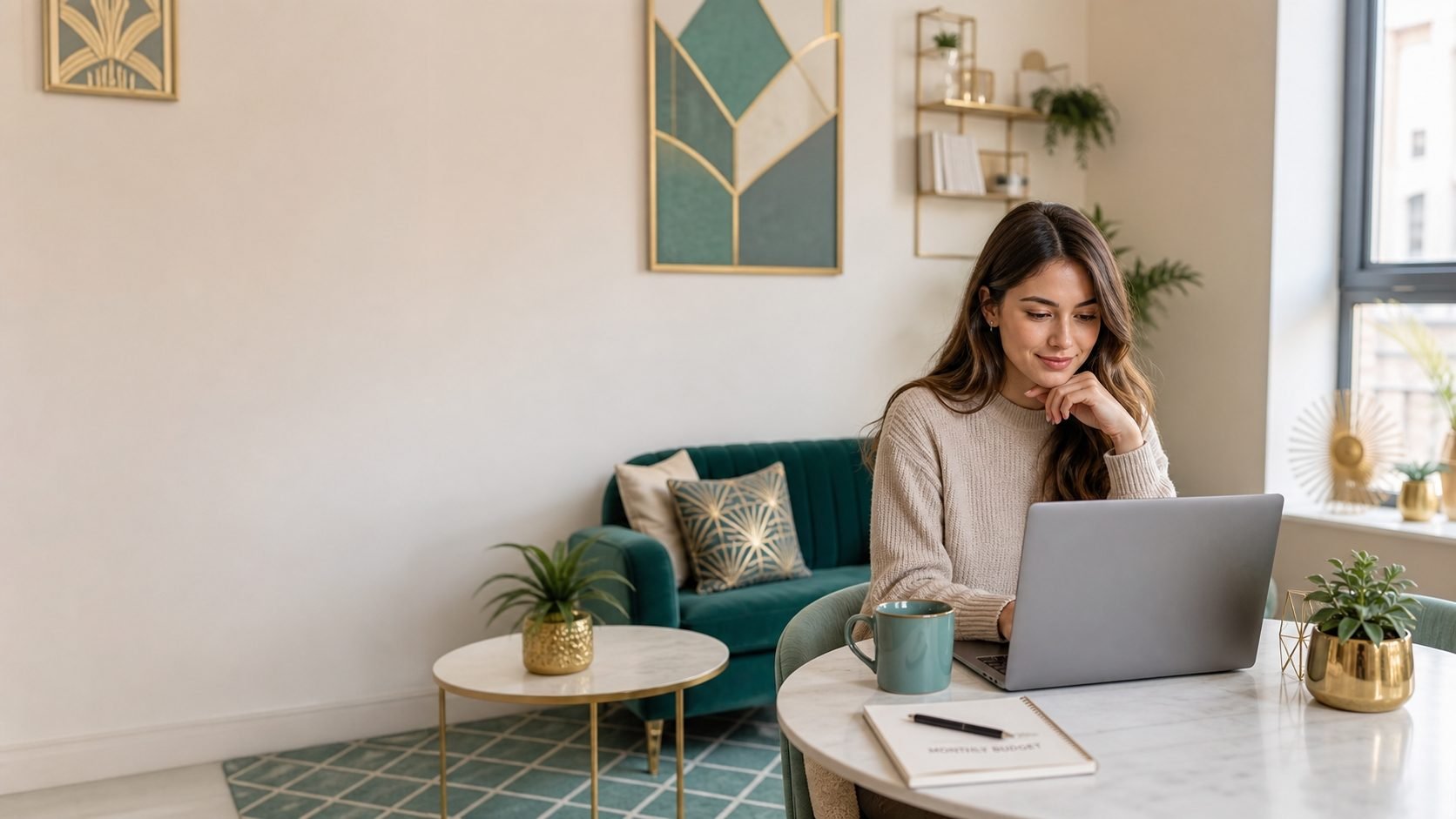 A young woman in a beige sweater sitting at a marble table using a laptop in a stylish, plant-filled home office.