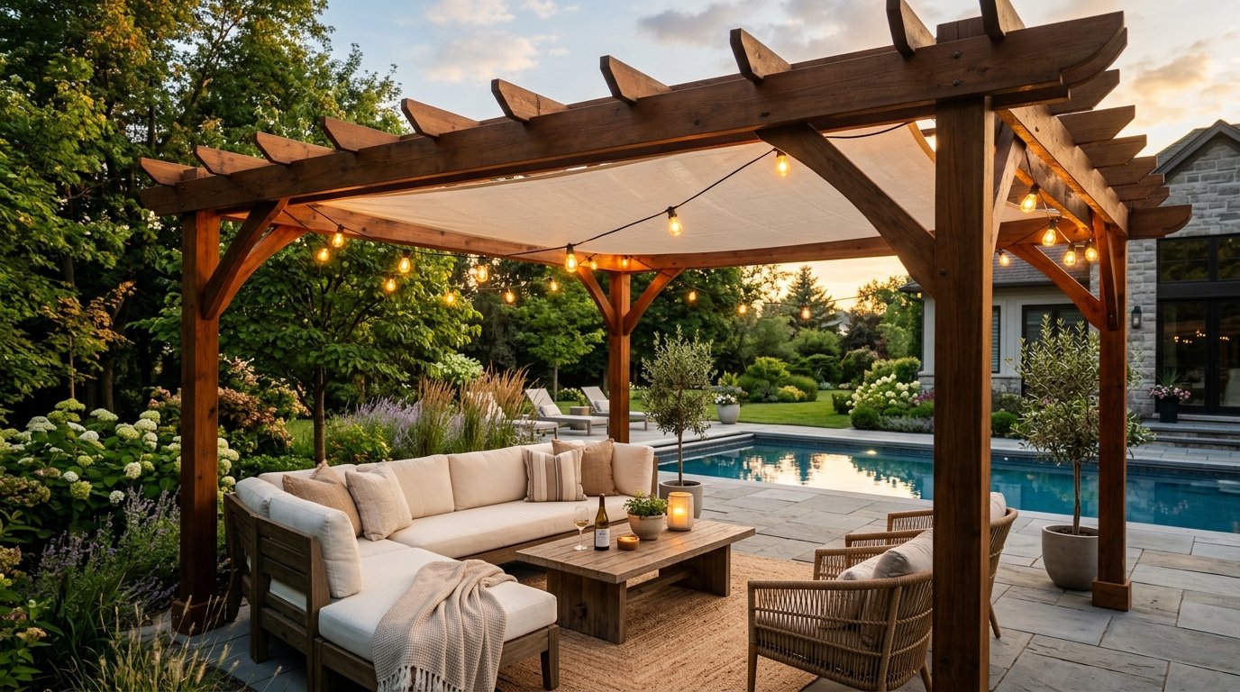 A cream colored sectional sofa sits under a wooden pergola with string lights next to a backyard pool.