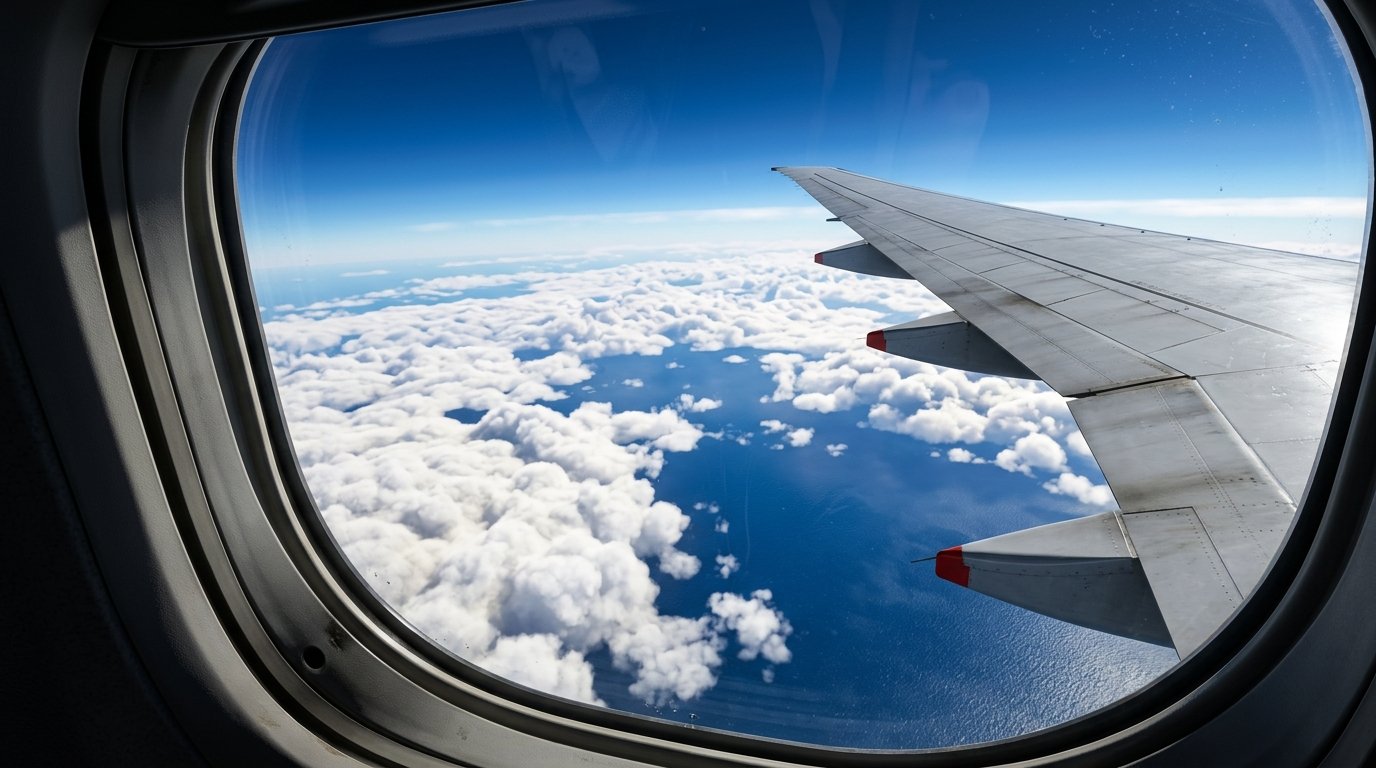 High altitude perspective from a plane window showing a metallic wing above deep blue ocean water and cloud formations.