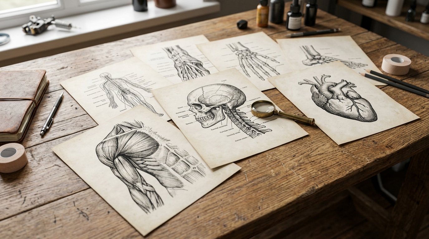 Vintage medical illustrations of organs and bones arranged on a rustic wooden desk with a magnifying glass.