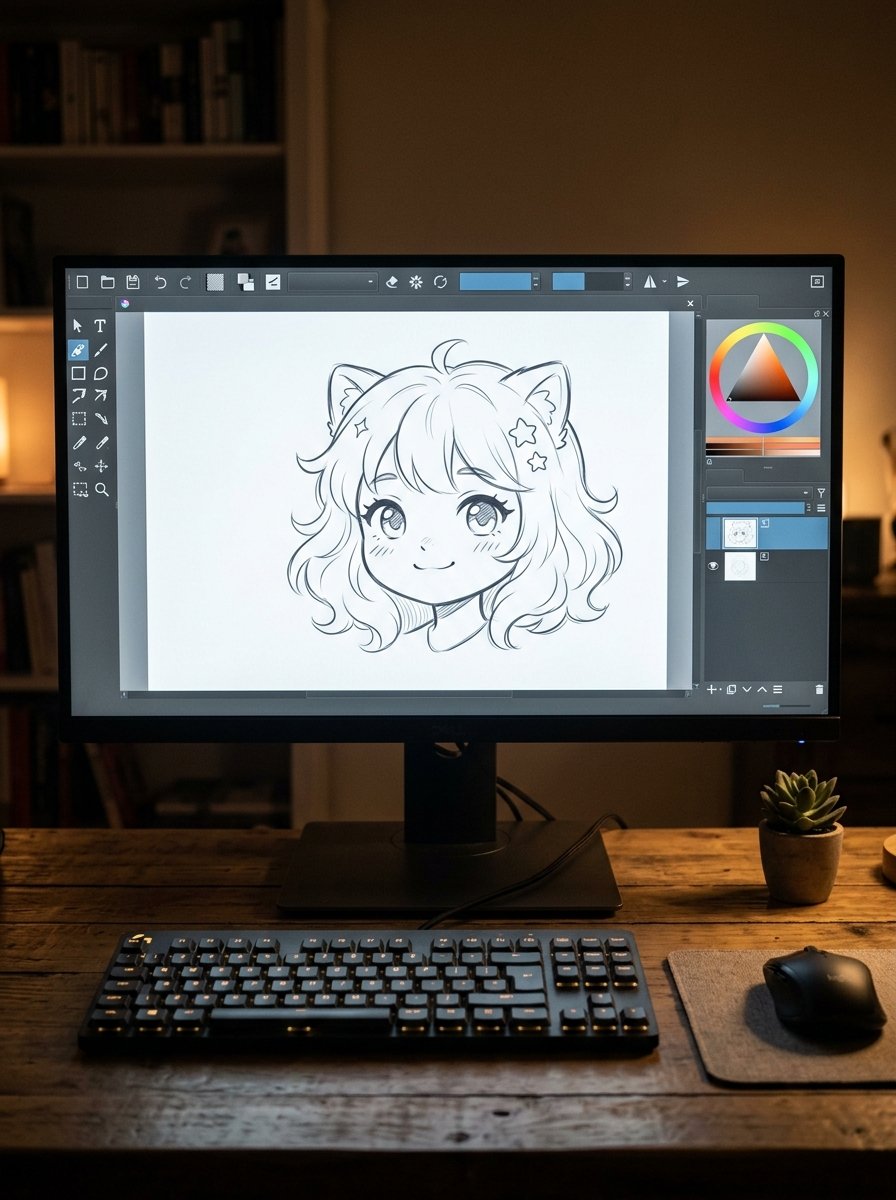 A computer screen showing a black and white line art drawing of a manga-style girl with cat ears in art software.
