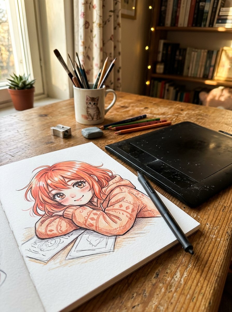 Close up of an anime character illustration on paper next to a digital graphics tablet and a mug of art supplies.