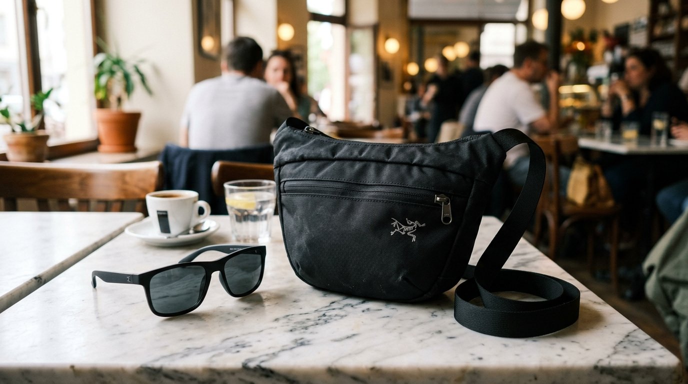 Black crossbody bag and sunglasses sitting on a white marble table in a blurred coffee shop setting.