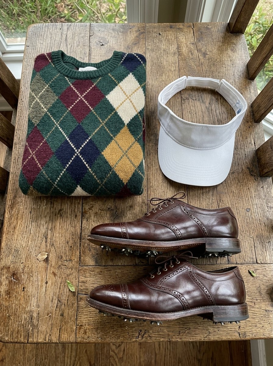 A colorful diamond pattern sweater, white sports visor, and brown leather oxford golf shoes resting on a wooden chair.