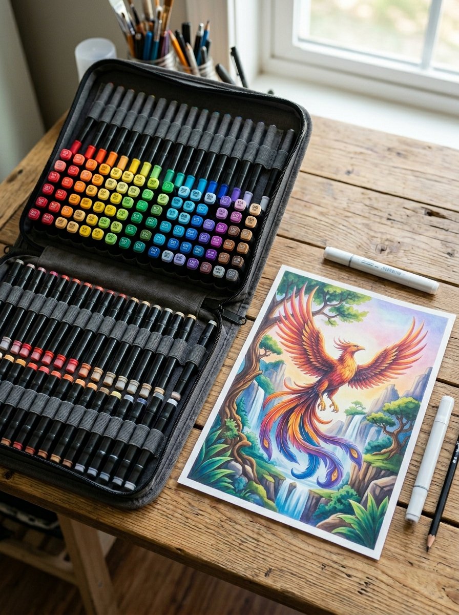 An open zippered case filled with colorful drawing markers next to a finished painting of a phoenix in a forest.