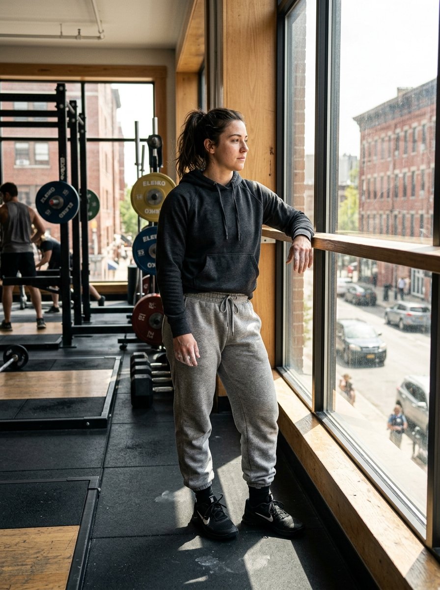 A female athlete with chalky hands stands by a large gym window overlooking a busy city street.