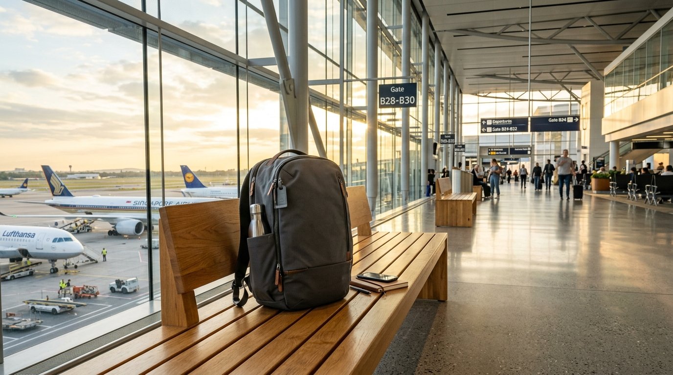 A grey backpack with a water bottle sitting on a wooden airport bench by a window looking out at parked airplanes.