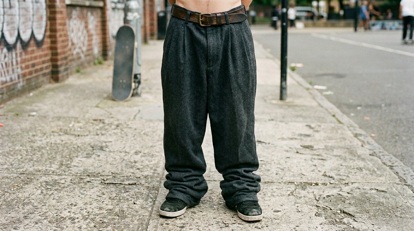 Close up of a person standing on a city sidewalk wearing wide-leg dark grey wool pants and dark sneakers.