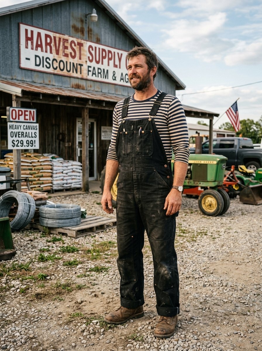 Bearded man in striped shirt and black canvas overalls standing in front of a rural farm supply store.