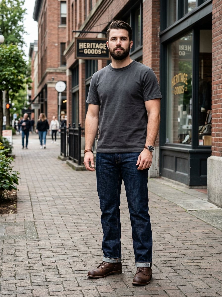 Full body shot of a man with a beard wearing a grey t-shirt and jeans on a city street.