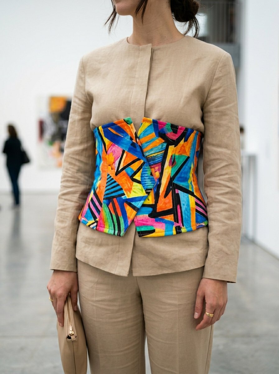 Person in a neutral beige trouser suit layered with a bright, multicolored geometric print corset top.