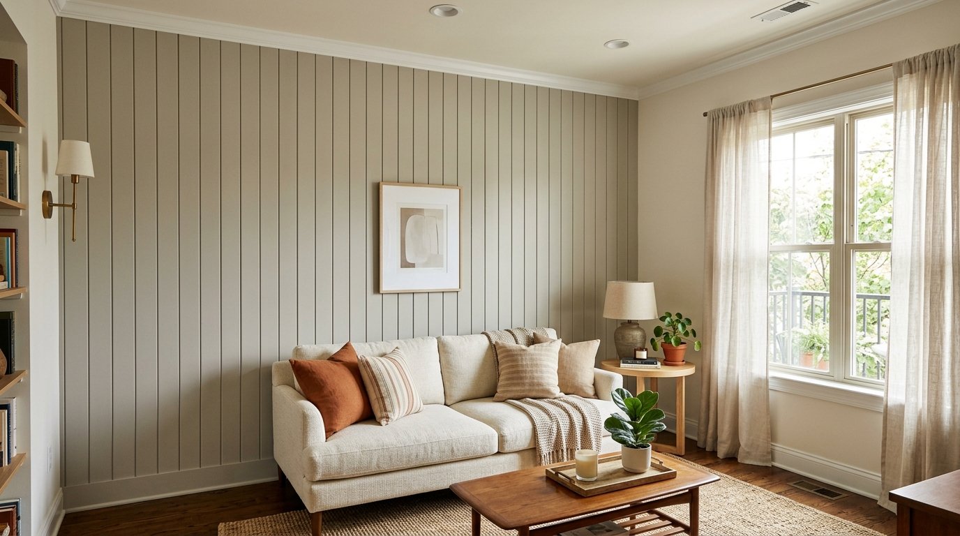 A cream sofa with terracotta pillows sits against a vertical planked wall with a window and wooden coffee table.