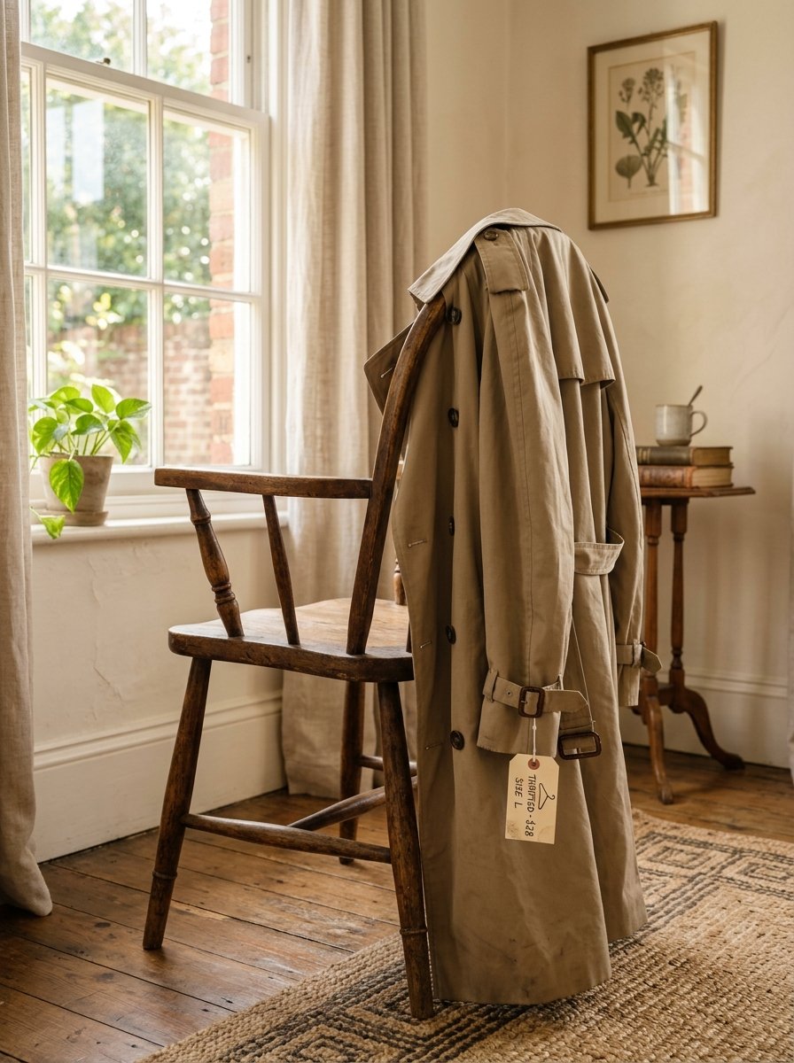 A beige coat with a price tag hanging from its sleeve on an antique wooden chair by a sunny window.
