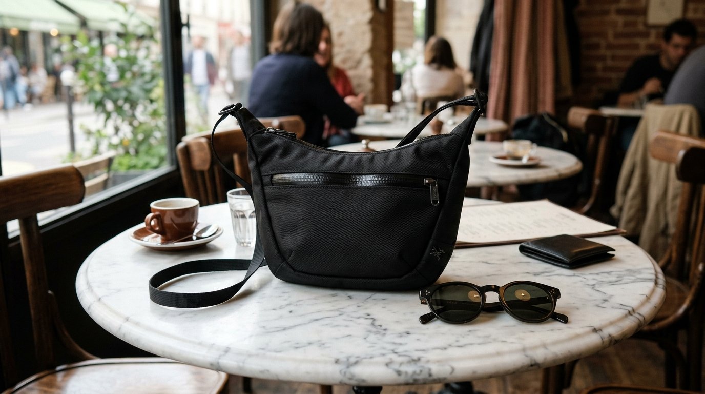 A minimalist black crossbody bag, sunglasses, and coffee cup on a round marble bistro table.