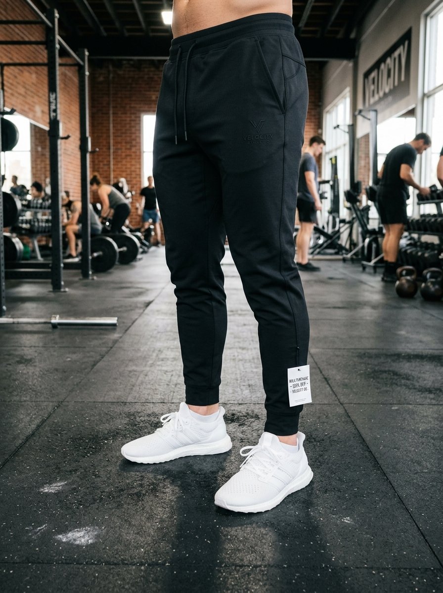 Man standing on gym floor wearing fitted black sweatpants with a visible product tag and white running shoes.