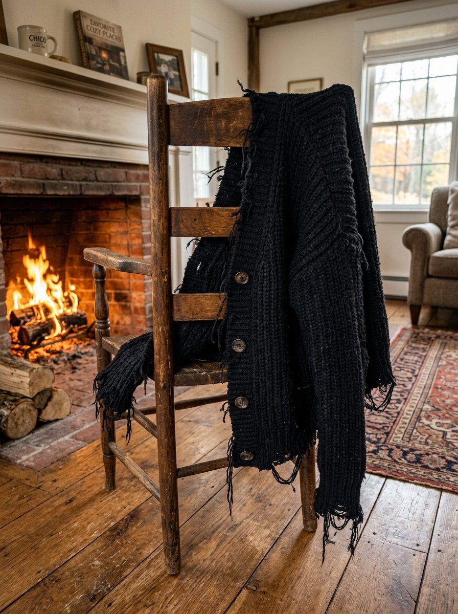 A frayed black knitted sweater draped over an old wooden chair by a glowing brick fireplace.