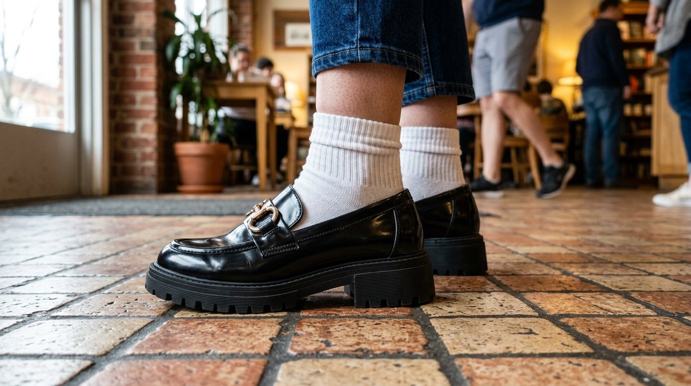 A person wearing chunky black leather loafers and white ribbed crew socks stands on a brick floor.