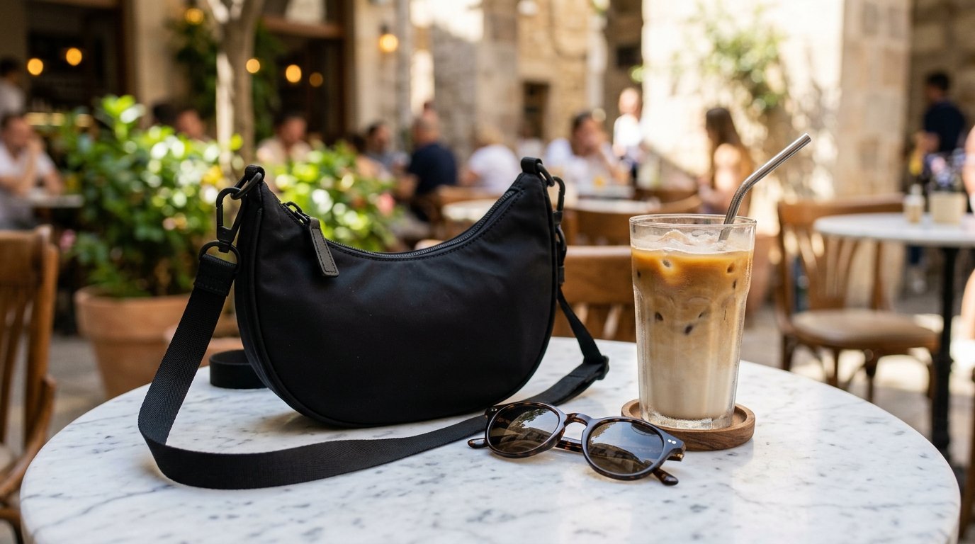 A black shoulder bag and tortoiseshell sunglasses on a round marble café table with an iced latte.