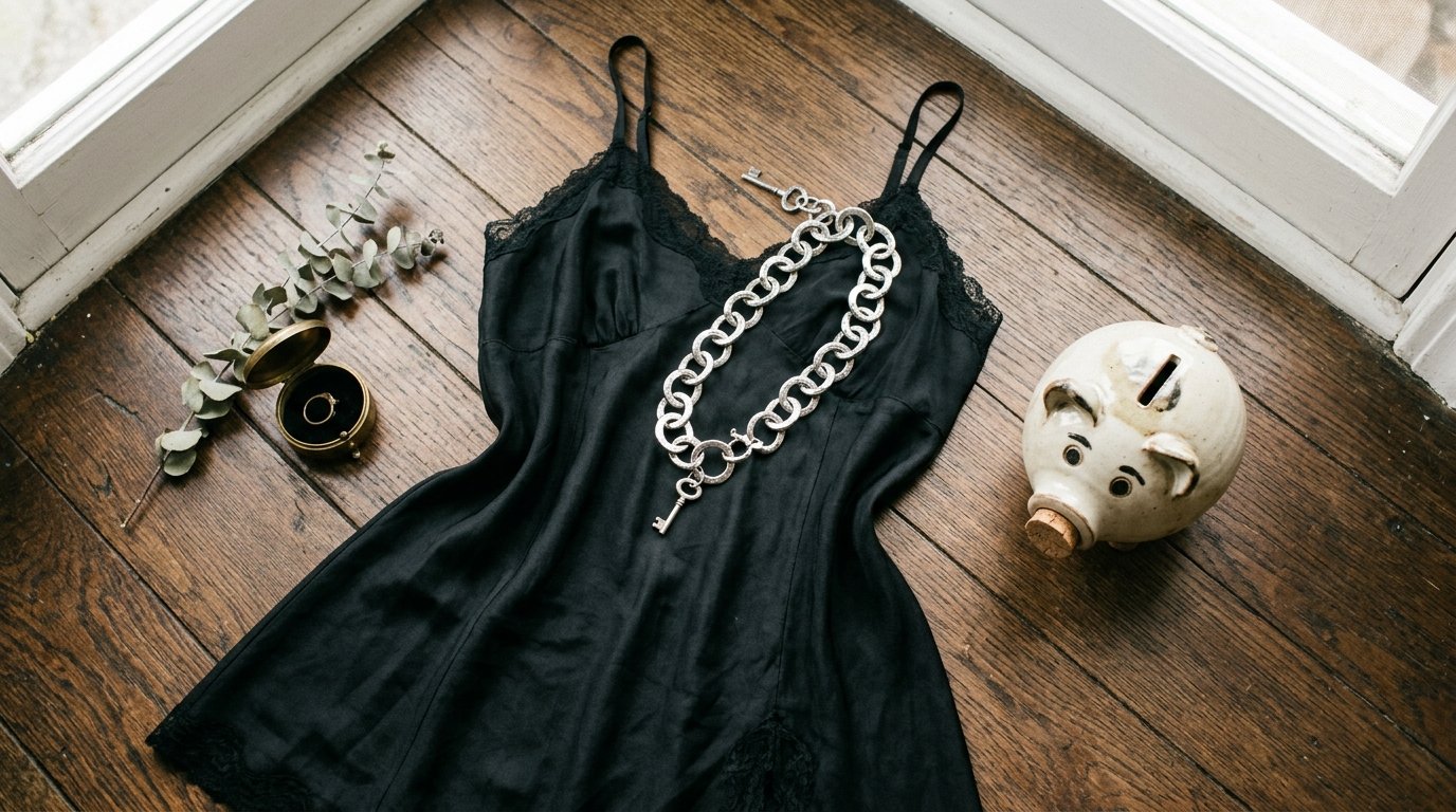 A black satin camisole, metal chain necklace, small ring box, and ceramic pig bank on wooden flooring.