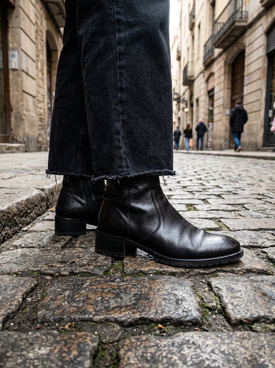 Person wearing cropped black jeans and smooth leather boots walking on a wet stone alleyway.