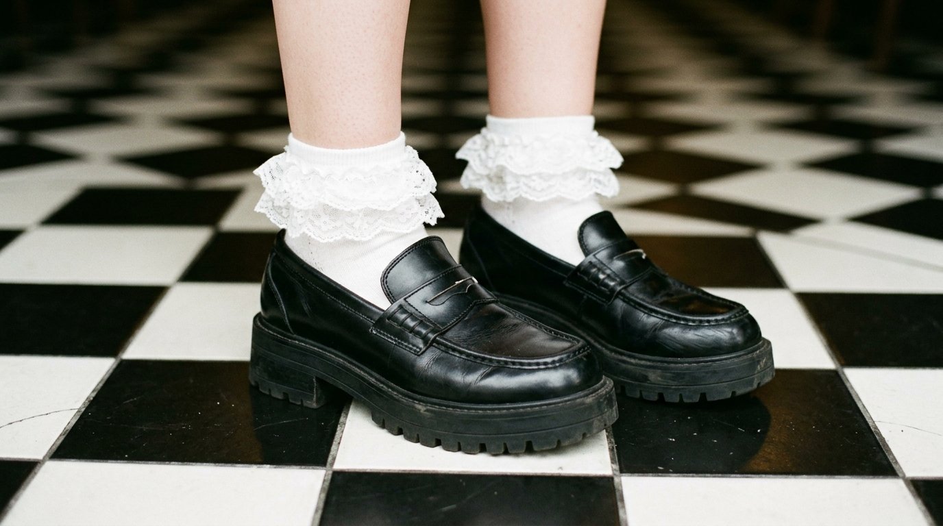 Close up of feet in chunky black leather loafers and white frilly ankle socks standing on checkered floor tiles.