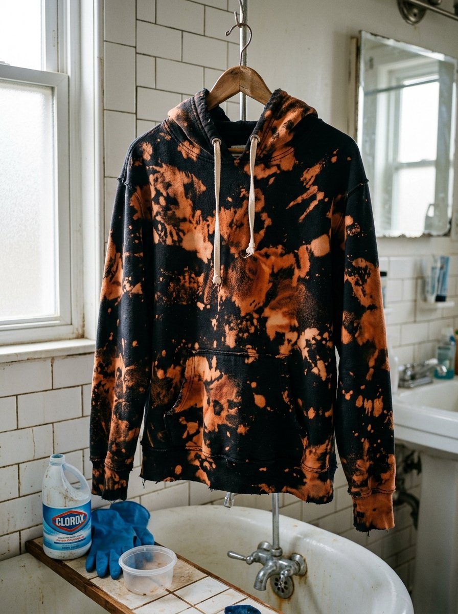 A black hooded sweatshirt with orange bleach-splatter patterns hanging on a wooden hanger in a white-tiled bathroom.