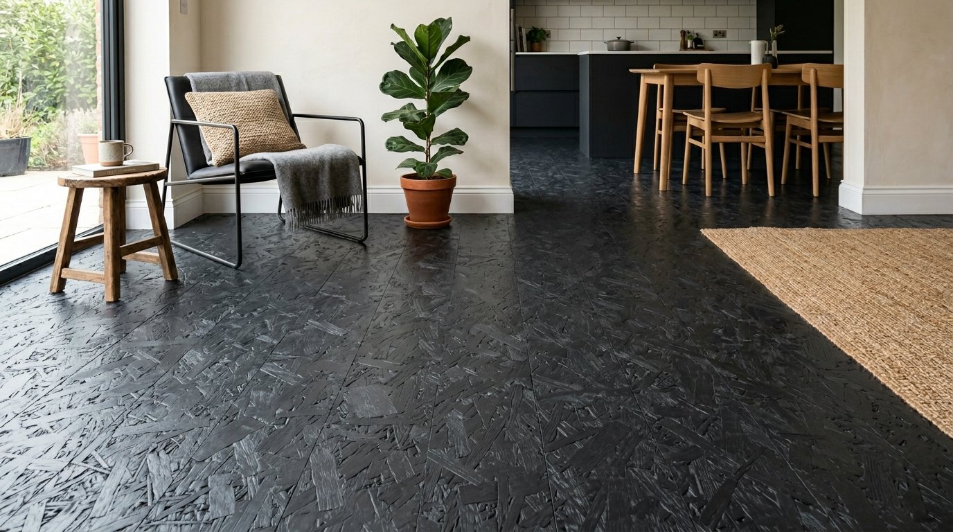 Contemporary living space with a black OSB floor, an accent chair, and a nearby dining area.