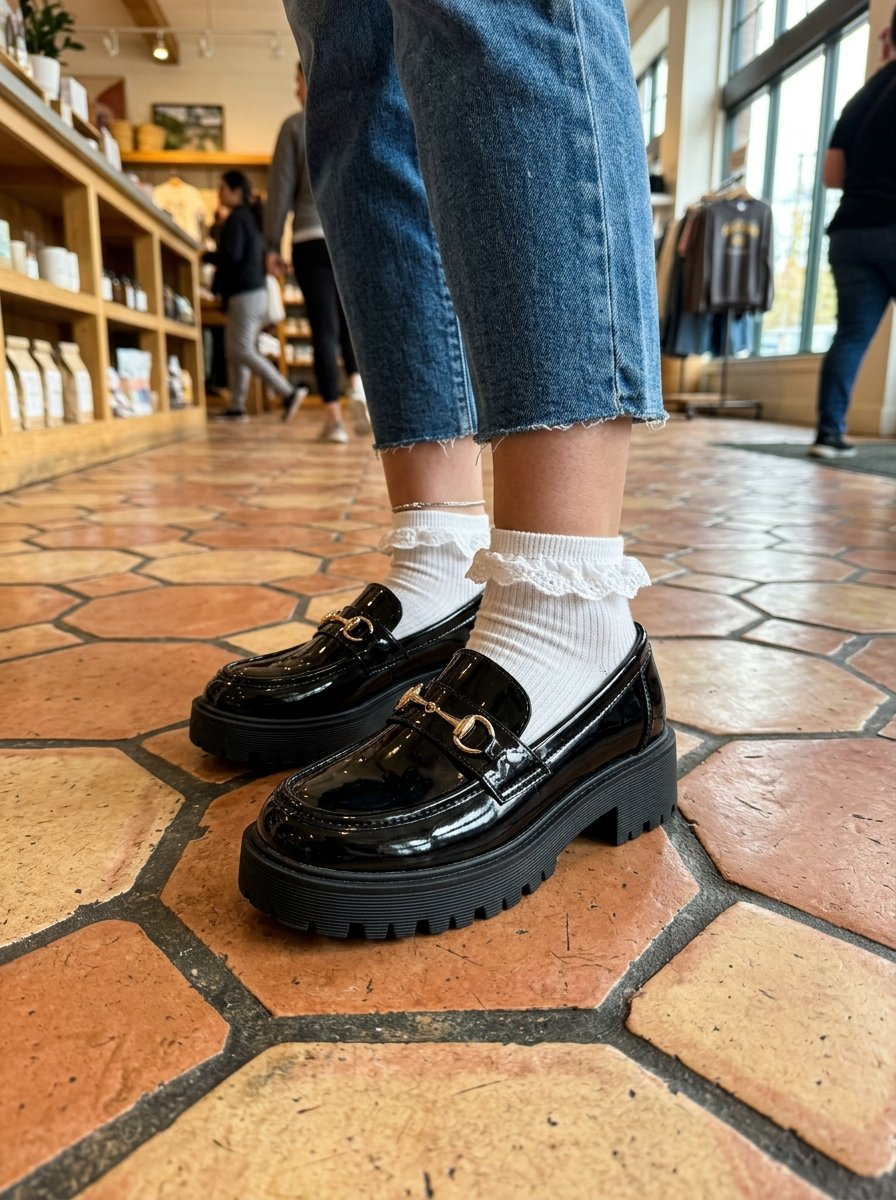 Close up of person wearing glossy black loafers with gold hardware and white lace-trim socks on tiled floor.
