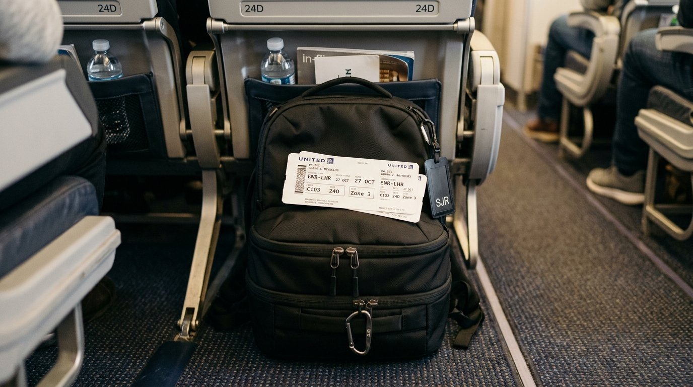 A United Airlines boarding pass rests on a black travel backpack tucked under an airplane seat.