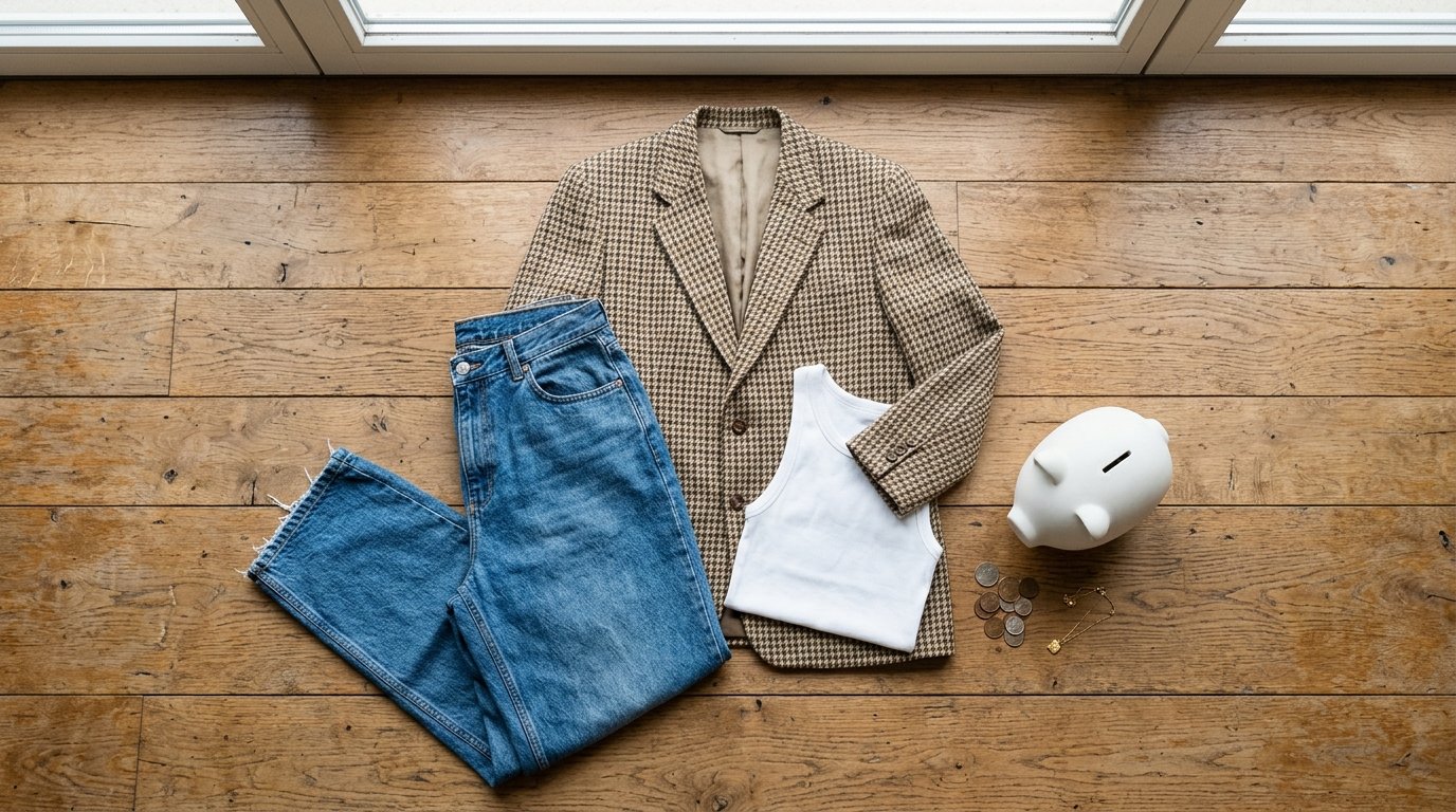 A tan houndstooth jacket, blue denim jeans, white tank top, coins, and a piggy bank on wooden floorboards.