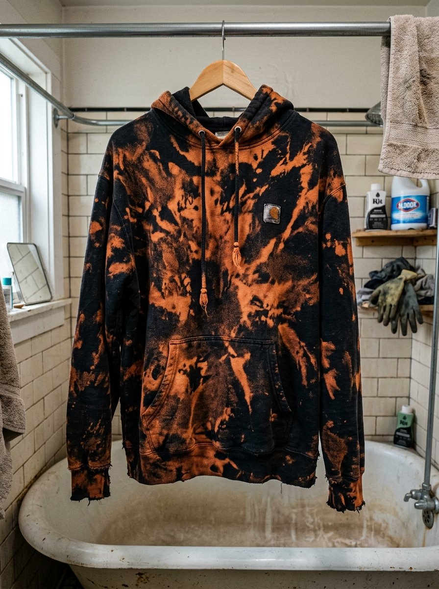 Distressed black hoodie with orange bleach patterns hanging on a wooden hanger in a tiled bathroom.