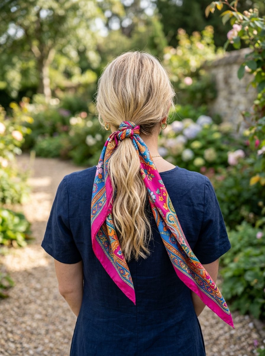 Back view of a woman with blonde hair tied in a ponytail using a vibrant patterned silk hair scarf.