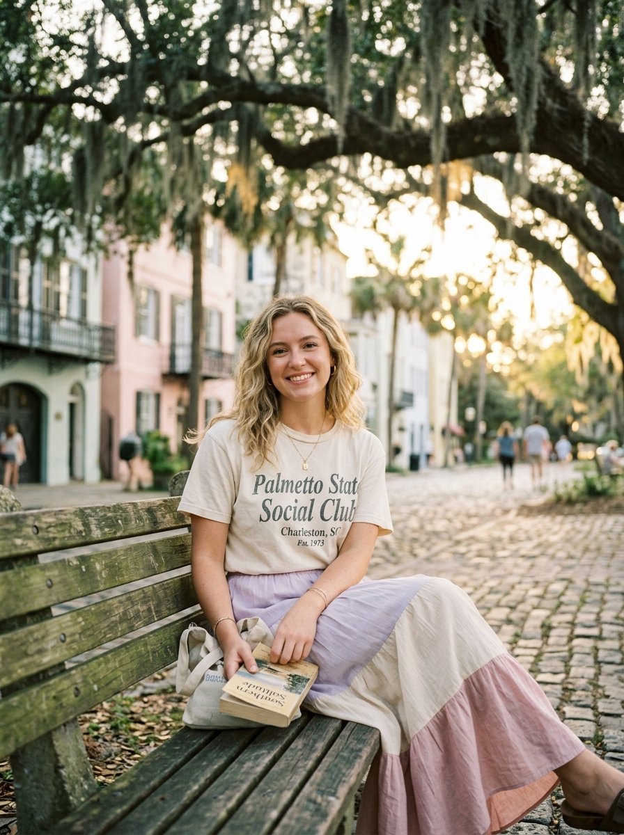 A blonde woman in a Palmetto State t-shirt and color-blocked skirt holding a book on a weathered wooden park bench.