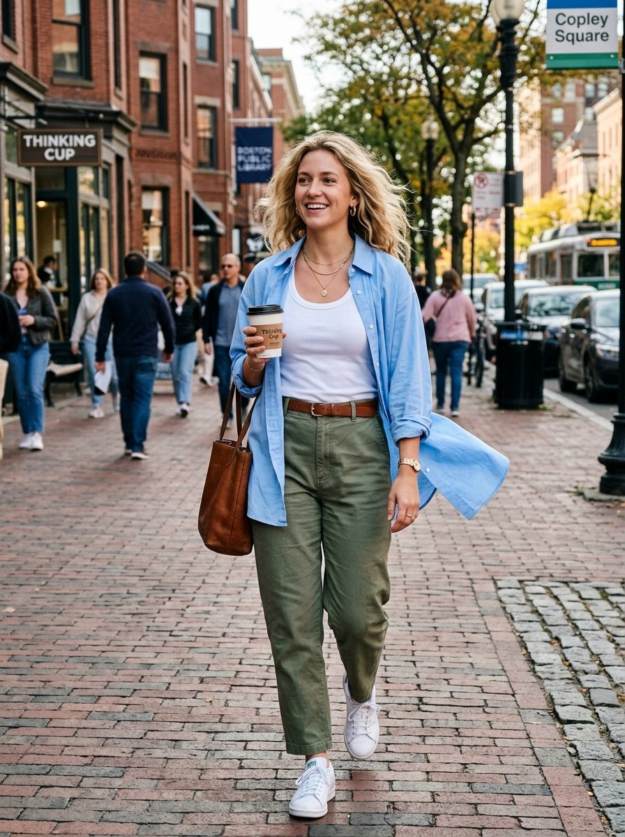 Young woman in blue shirt and green pants walking on a brick sidewalk in Boston with a coffee cup and brown bag.