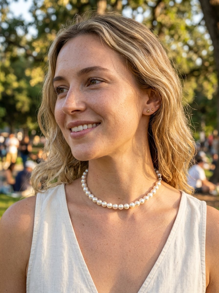 Close up portrait of a blonde woman in a white tank top accessorized with a string of pearls outdoors at sunset.