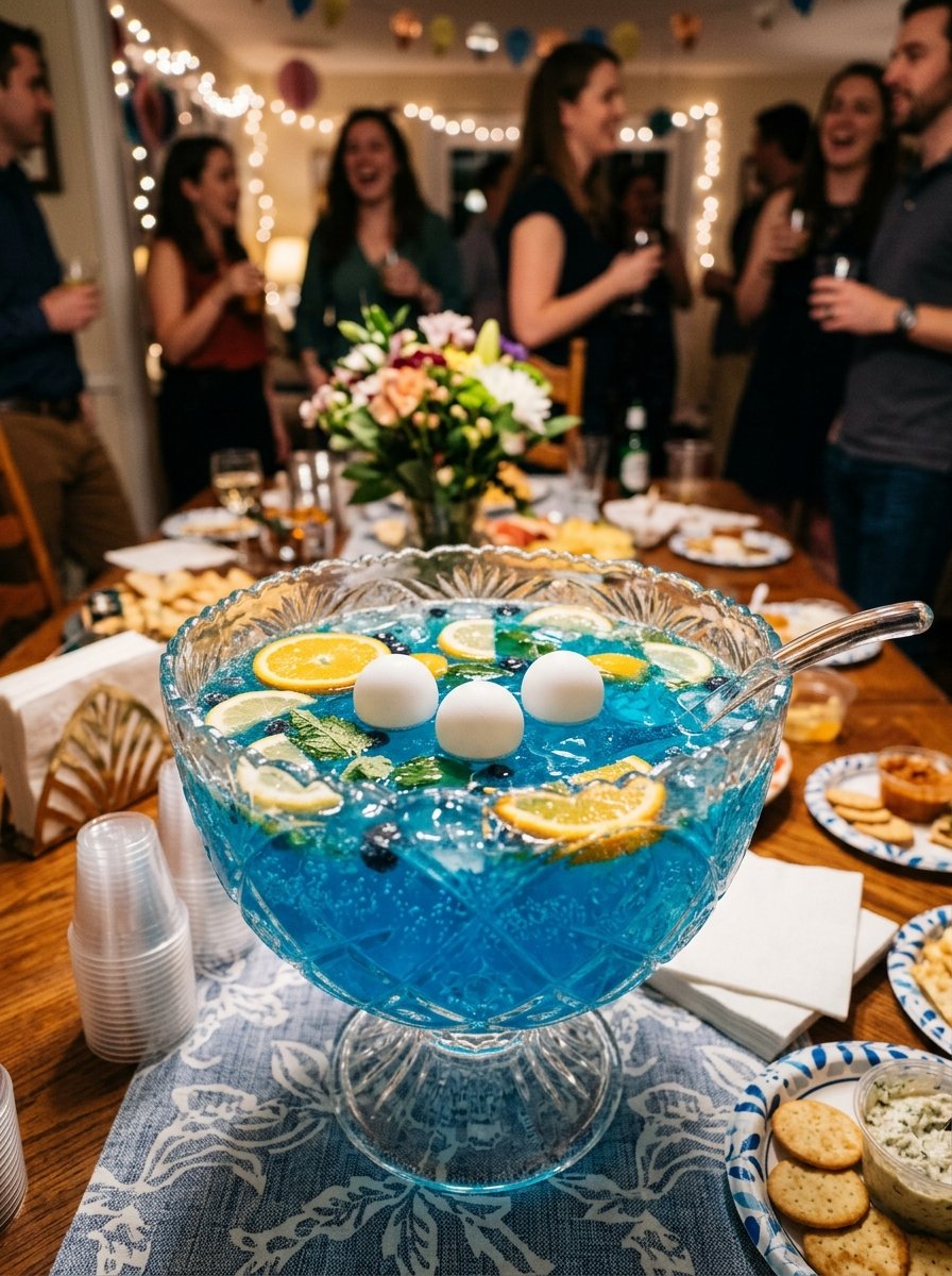 Crystal punch bowl filled with blue liquid, citrus slices, and white spheres at a social gathering.
