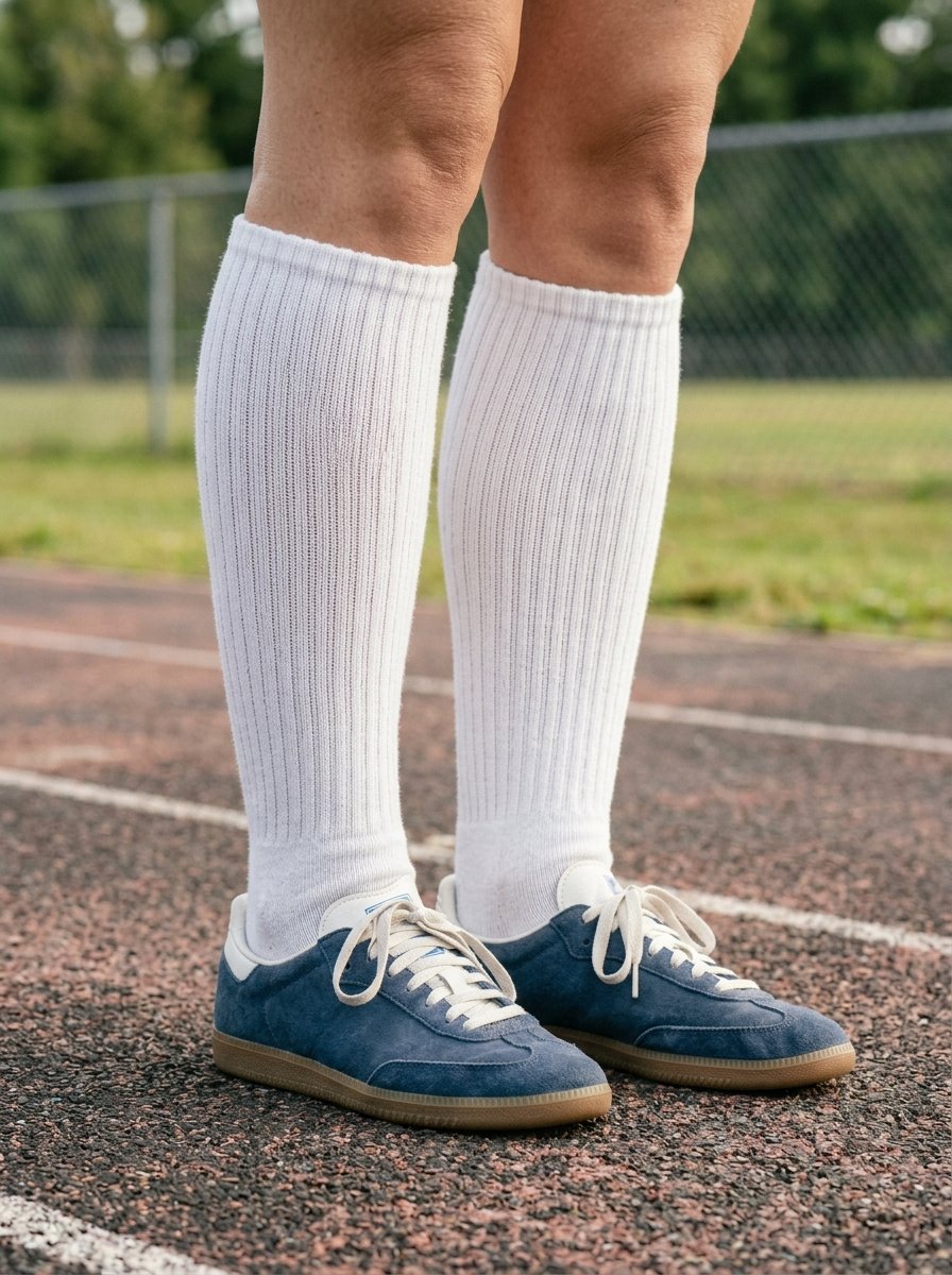 Person wearing navy blue suede low-top sneakers and tall white ribbed socks while standing on a running track.