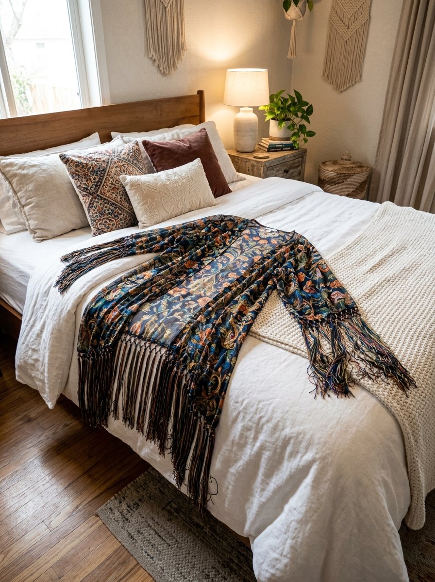 Dark floral patterned kimono with long fringe tassels spread across a white linen duvet in a cozy bedroom.