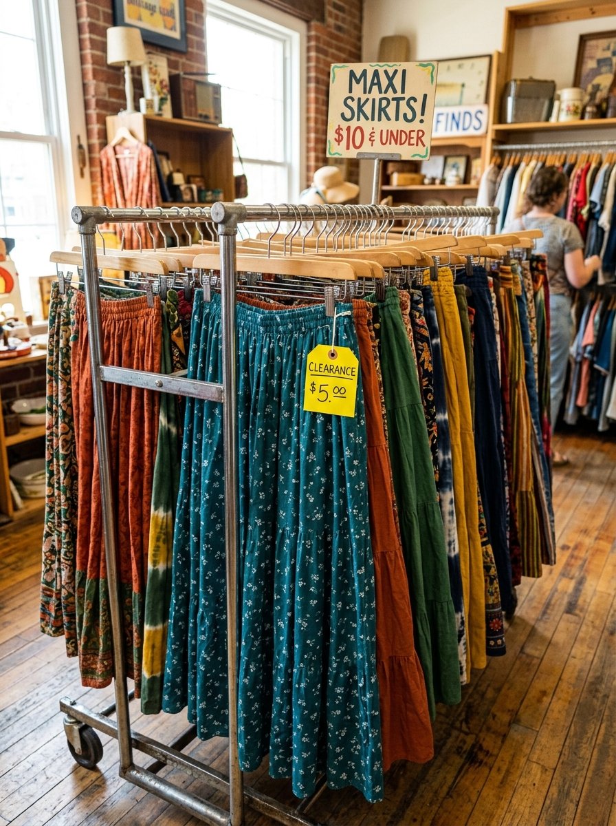 A clothing rack filled with hanging long patterned skirts with a yellow five dollar clearance tag in a boutique.