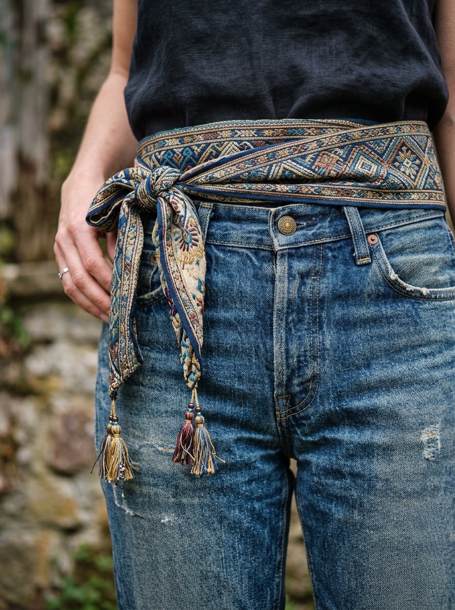 Close up of person wearing blue denim jeans styled with a patterned boho fabric belt featuring tassels.