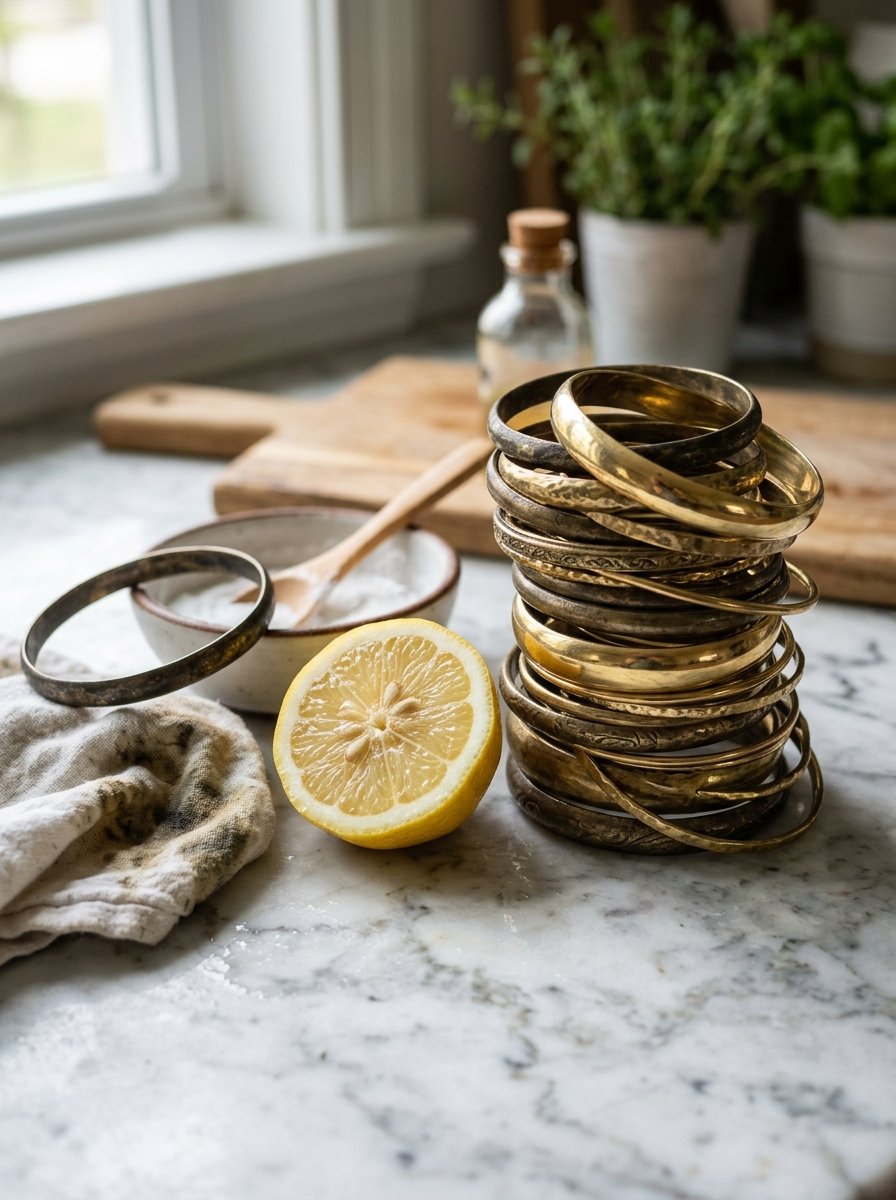 Polished and tarnished brass bracelets stacked on a marble kitchen counter next to a halved lemon and cleaning supplies.