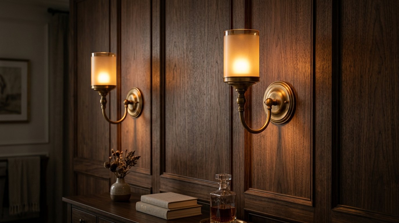 Two glowing glass and brass wall lamps mounted above a wooden sideboard with books and a decanter.