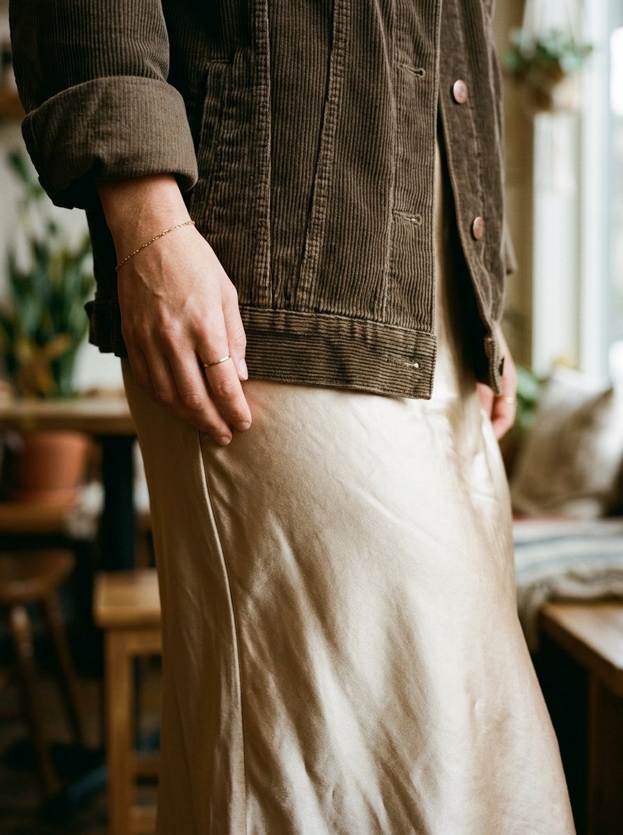 Close up of a person wearing a textured brown jacket layered over a beige satin midi skirt.