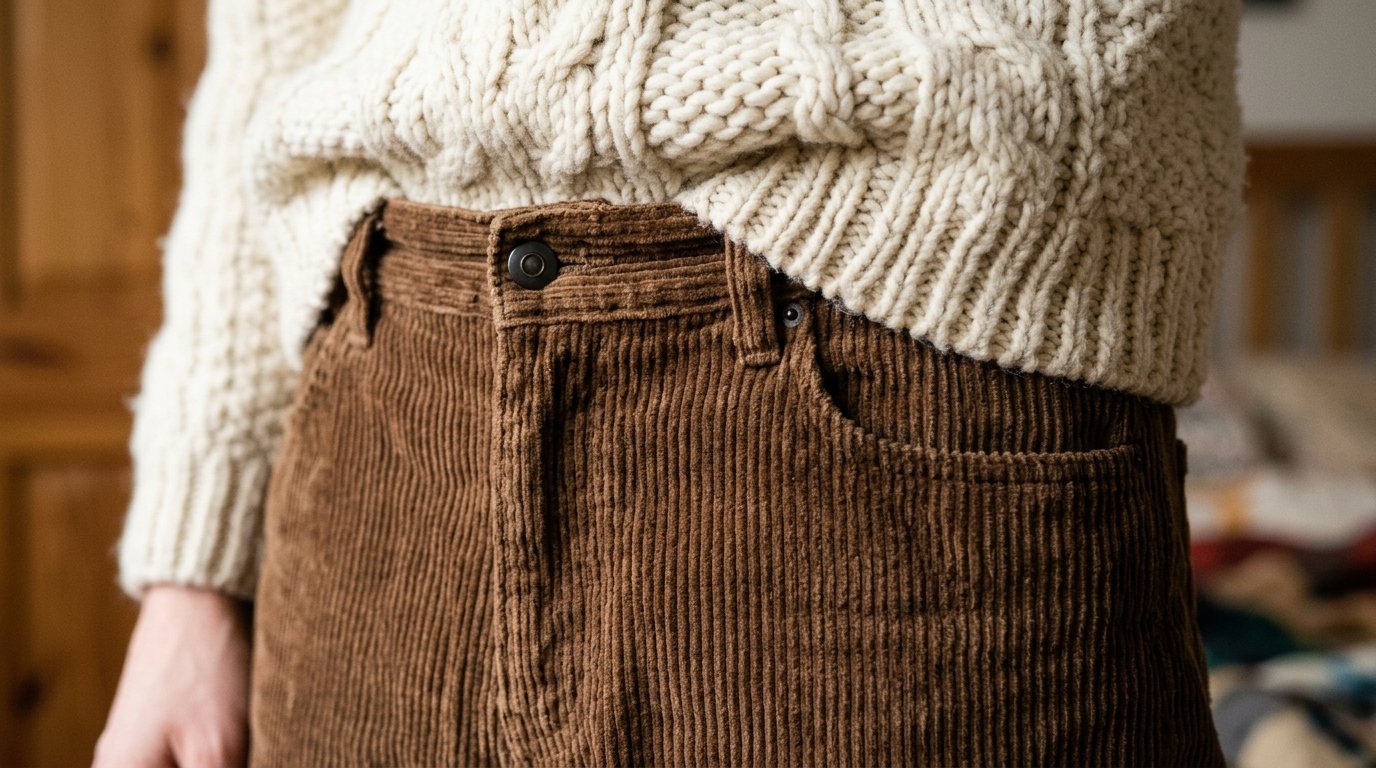 Close-up of brown textured corduroy pants paired with a thick cream-colored cable knit sweater.