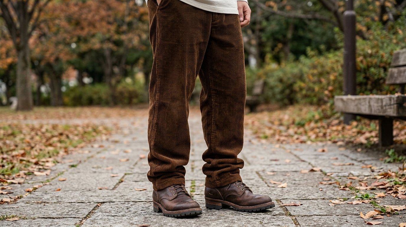 A close-up of someone in corduroy trousers and brown work boots standing on a stone path in an autumn park.