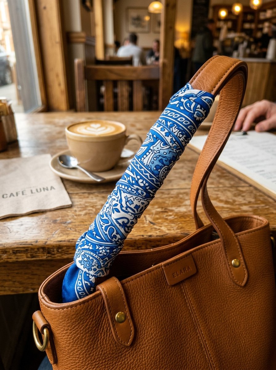 A leather purse handle wrapped in a vibrant blue and white paisley scarf inside a cafe setting.