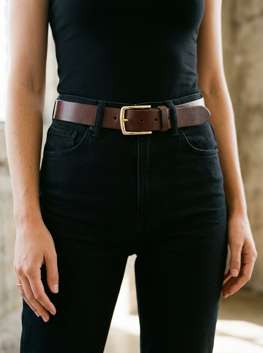 Close-up of a person in a black tank top and dark jeans accessorized with a brown leather belt and gold buckle.