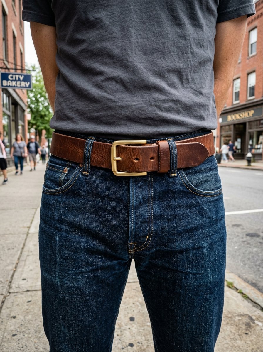 Close up of a person in a grey t-shirt and blue jeans wearing a wide brown leather belt with a brass buckle.