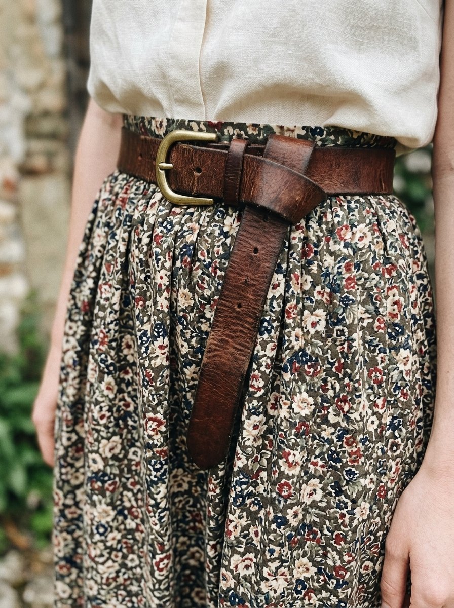 Close up of a thick brown leather belt with a brass buckle worn over a vintage-style green floral print skirt.