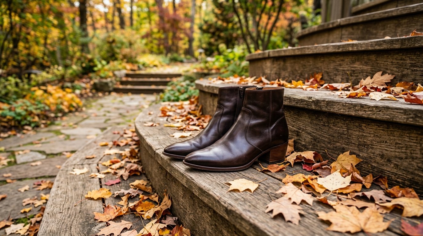 A pair of polished dark brown leather boots sitting on outdoor wooden stairs covered in scattered fallen maple leaves.